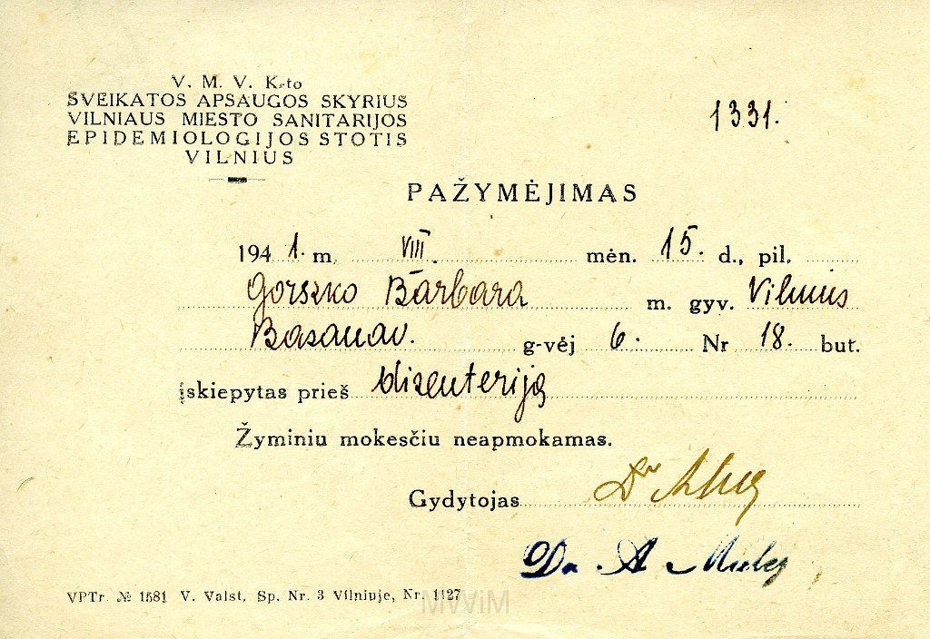 KKE 5883-2.jpg - (litewski) Dok. Zaświadczenie lekarskie o szczepieniu rodziny Graszko, Wilno, 15 VIII 1941 r.